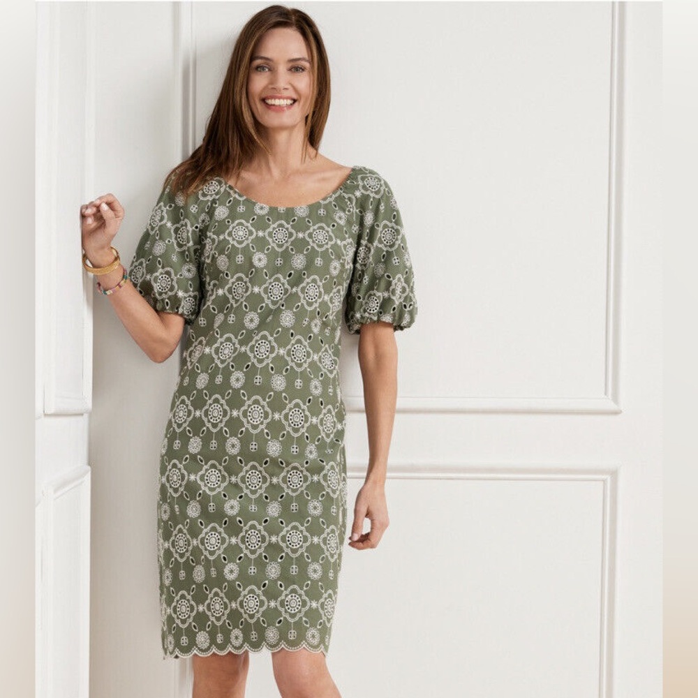Talbots 14 Green Eyelet Puff Sleeve‎ Shift Dress Modest Career Work Cotton Lined